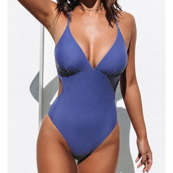 CUPSHE Women Crisscros Back Ruched One Piece Swimsuit Cut Out V Neck High Cut XL - Picture 1 of 6